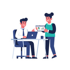 Modern flat vector of two coworkers discussing a line chart on a tablet. Ideal for teamwork, analytics, planning, collaboration, and business strategy visuals