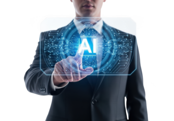Man in suit interacting with futuristic ai interface isolated on transparent background