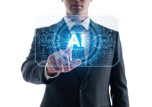 Man in suit interacting with futuristic ai interface isolated on transparent background - Powered by Adobe