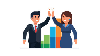 Flat modern vector of a businessman high-fiving a coworker beside a growth chart. Ideal for teamwork, motivation, employee success, and sales achievement visuals