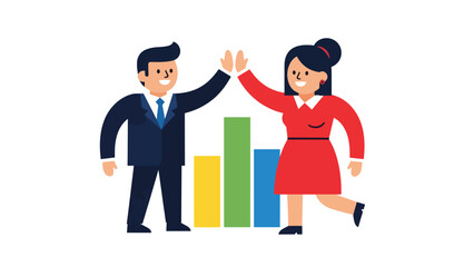 Flat modern vector of a businessman high-fiving a coworker beside a growth chart. Ideal for teamwork, motivation, employee success, and sales achievement visuals