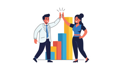 Obraz premium Flat modern vector of a businessman high-fiving a coworker beside a growth chart. Ideal for teamwork, motivation, employee success, and sales achievement visuals