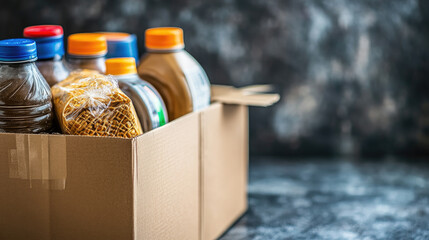 close-up of an open grocery box with various food items, symbolizing aid, donation and charity