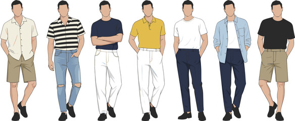 Men’s summer fashion illustration set, casual outfit variety, warm-weather style guide, vector art, seasonal clothing concept, stylish poses © IconicCreations