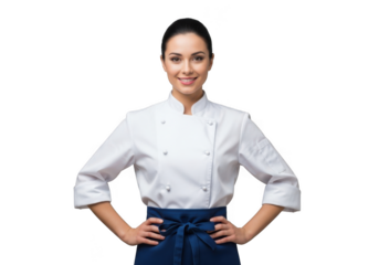 Smiling chef in white uniform with blue apron isolated on transparent background