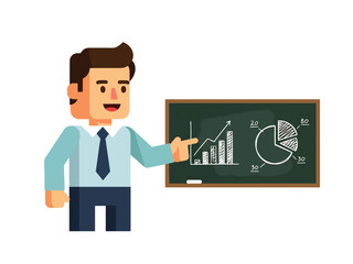 Flat modern vector of mentor teaching bar and pie chart basics on chalkboard. Solid colors, no gradient. Perfect for education, training, and business learning content
