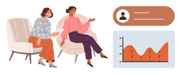 Two women seated on chairs engaged in a conversation, graph with trends visible, and profile information displayed on a bubble. Ideal for teamwork, data analysis, collaboration, discussions