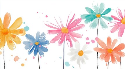 cute style watercolor daisies, simple shapes, uneven hand-drawn lines, bright cheerful colors, minimalistic childish charm