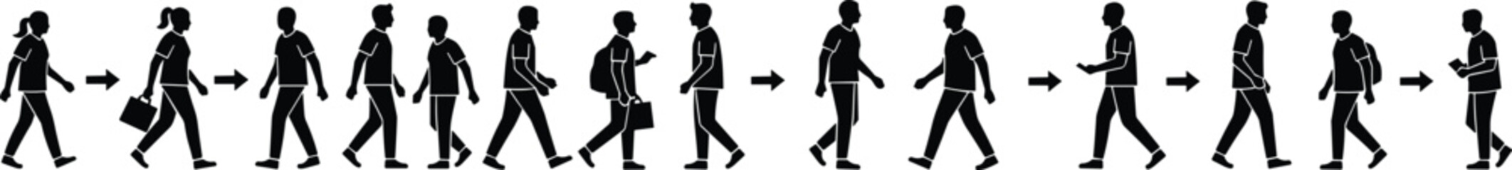 Silhouette transformation illustration, walking figure sequence, progression and growth concept, vector art, life stages design, directional arrows