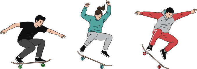 Skateboarding trick illustration, dynamic motion pose, street sport design, airborne skaters, vector art, urban activity concept, stylish action