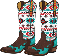 Southwestern cowboy boot illustration, vibrant western footwear design, cultural pattern detail, vector art, fashion accessory concept, bold style