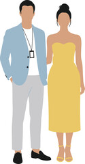 Stylized fashion character illustration, formal and elegant outfit design, minimal vector art, social event concept, clothing diversity showcase