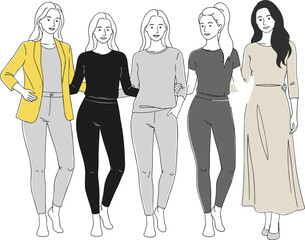 Stylized women fashion illustration, diverse outfit design, character lineup, modern clothing palette, vector art, minimal pose concept