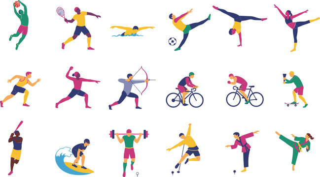 Sports activity illustration set, dynamic athlete poses, fitness and competition icons, vector art, diverse motion design, active lifestyle concept