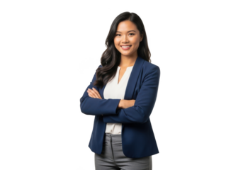 Smiling asian woman in business attire with arms crossed isolated on transparent background