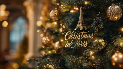 Christmas In Paris illustration featuring close-up of Christmas tree and miniature Eiffel Tower