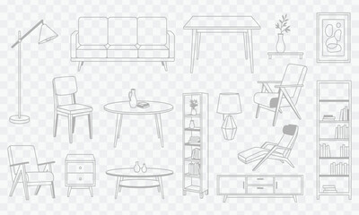 Furniture outline front view architectural designs. Vector elements for apartments, living room, bedroom, kitchen, bathroom. Set of isolated linear interior icons.