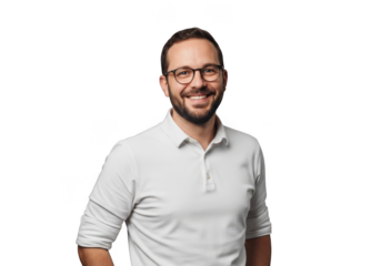 Smiling man with beard and glasses wearing a polo shirt isolated on transparent background