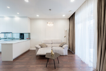 Fototapeta premium Modern Home Living Room. Luxurious Stylish Modern Apartment. Open Interior, Sofa, Couch, Furniture, Scandinavian Design. 