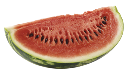 A juicy slice of ripe red watermelon with visible seeds and green rind isolated on transparent background