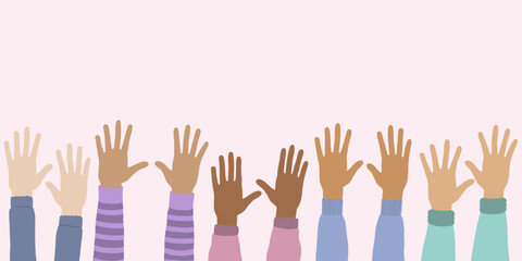 Diverse hands raised vector illustration