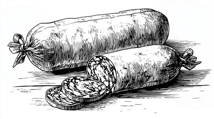 hand-drawn sketch style salami whole and slice