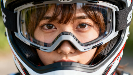 オフロードバイクのヘルメットとゴーグルを着用した女性