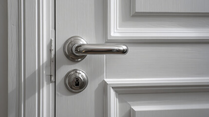 Obraz premium “A closed white door with a sleek metallic handle creates a clean and modern interior detail.”