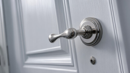 Obraz premium “A closed white door with a sleek metallic handle creates a clean and modern interior detail.”