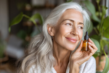 Woman holding a bottle and smiling while sitting near plants in a bright room with soft lighting