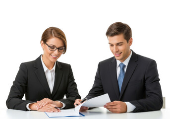 Fototapeta premium Two professionals in suits reviewing documents isolated on transparent background