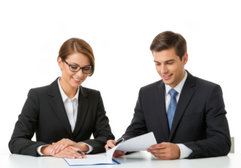 Two professionals in suits reviewing documents isolated on transparent background