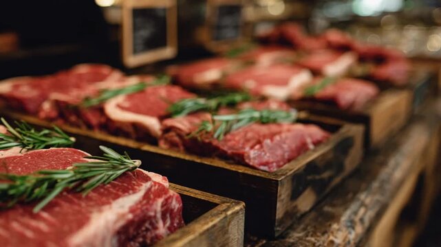 Medium shot of grassfed beef cuts neatly arranged on rustic wooden trays showcasing rich marbling and fresh red hues in an organic meat market setting