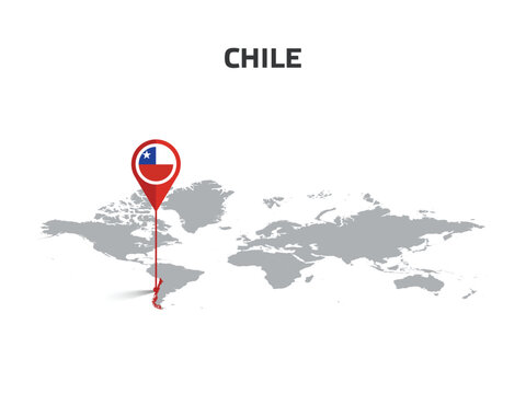 CHILE Location Pin on World Map with Flag in Pin's Body