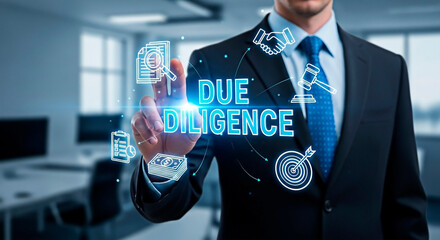 Business professional using a touch screen for due diligence.
