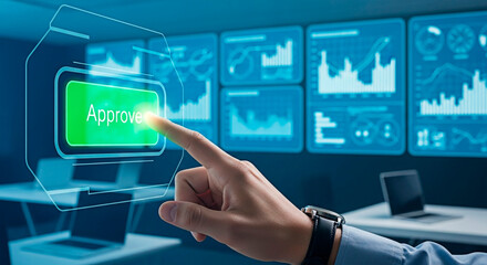 A hand interacting with a digital interface for the concept of technology and data analysis.