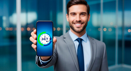 Smiling businessman presenting smartphone app with 24/7 service.
