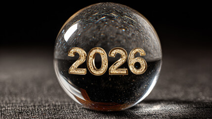 Crystal ball glowing with mystical aura, revealing the future year 2026 with astrological symbols, zodiac constellations and cosmic energy in deep magical atmosphere, copy space