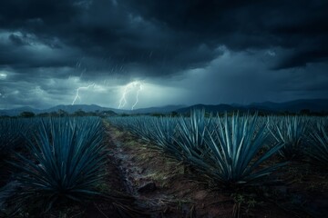 Dramatic Scene Captures Blue Agave Field During Rainstorm With Dark Clouds and Distant Lightning in High-Resolution Detail