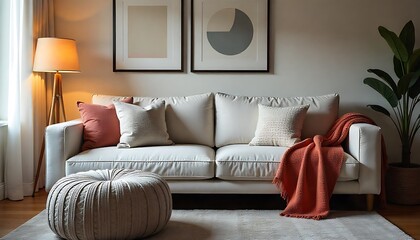 Modern Living Room with Neutral Sofa &ndash; Cozy Interior Featuring Abstract Art, Warm Lighting, and Textured Accents
