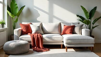 Modern Living Room with Neutral Sofa &ndash; Cozy Interior Featuring Abstract Art, Warm Lighting, and Textured Accents