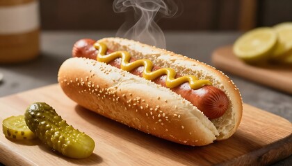 Hot Dog with Pickles and Mustard &ndash; Steamy Close-Up on Sesame Bun and Wooden Board