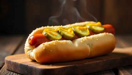 Hot Dog with Pickles and Mustard &ndash; Steamy Close-Up on Sesame Bun and Wooden Board
