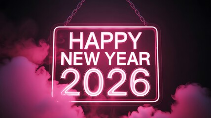 Neon Happy New Year 2026 Sign &ndash; Glowing White and Pink Text with Fog and Chains on Dark Background