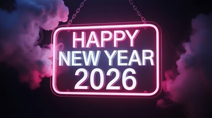 Neon Happy New Year 2026 Sign &ndash; Glowing White and Pink Text with Fog and Chains on Dark Background