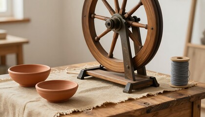Rustic Spinning Wheel and Thread &ndash; Traditional Craft Scene with Terracotta Bowls and Burlap Tabletop