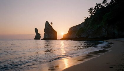 Tropical Sunset Coastline with Rock Formations &ndash; Pastel Sky, Palm Trees, and Golden Reflections