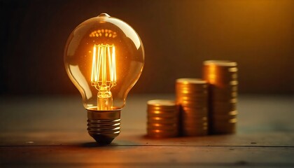 Glowing Light Bulb and Gold Coins &ndash; Conceptual Financial Growth and Innovation Scene on Wooden Surface
