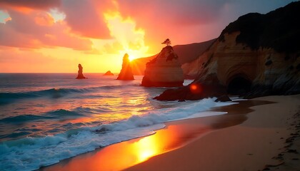 Tropical Sunset Coastline with Rock Formations &ndash; Pastel Sky, Palm Trees, and Golden Reflections