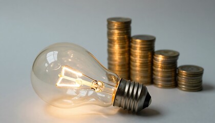 Glowing Light Bulb and Gold Coins &ndash; Conceptual Financial Growth and Innovation Scene on Wooden Surface